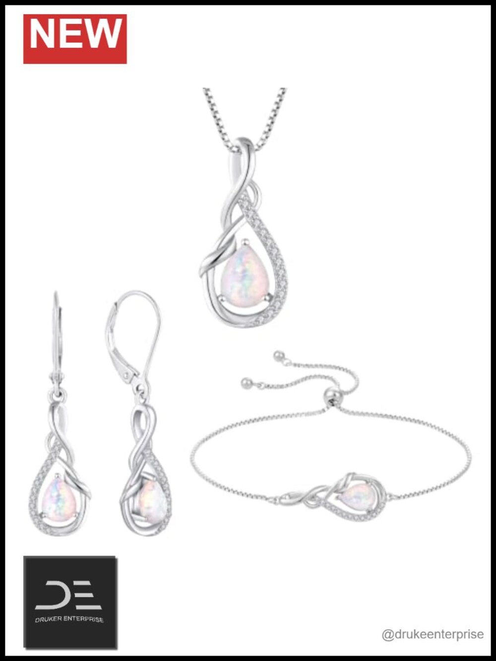 Infinity Teardrop 925 Sterling Silver Created Opal Jewelry Set Necklace